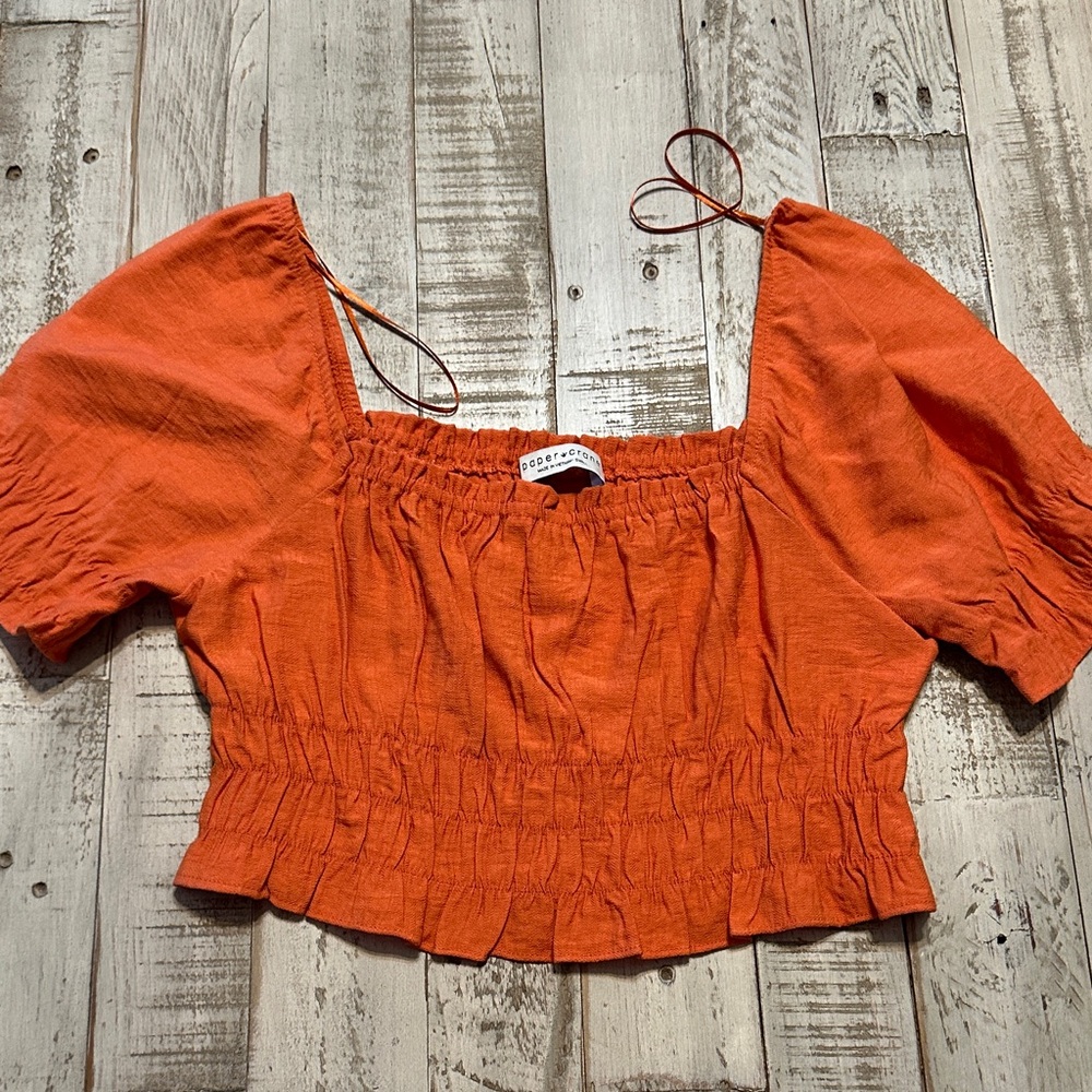 Paper Crane Vibrant Orange Puff Sleeve Crop Top